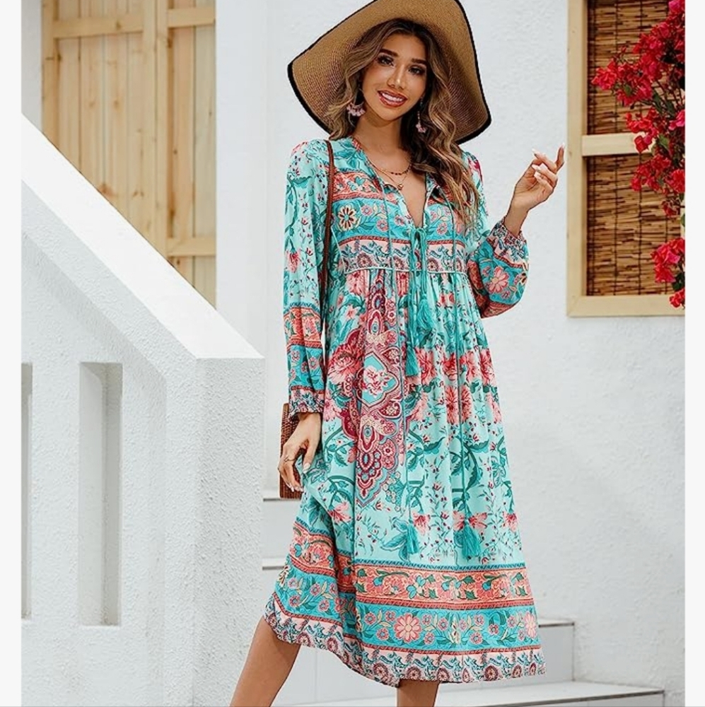 Floral Bohemian Midi Dress - Teal and Red